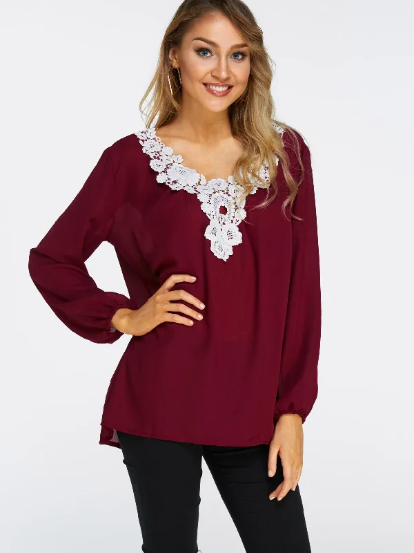 OEM ODM V-Neck Lace Backless Long Sleeve Irregular Hem Burgundy T-Shirts