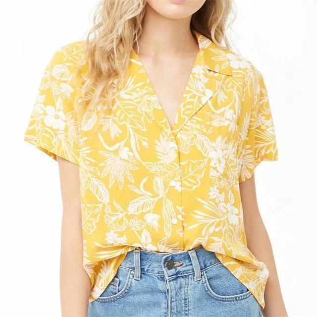 Women Blouse Floral Short Sleeves Summer Blouse Yellow