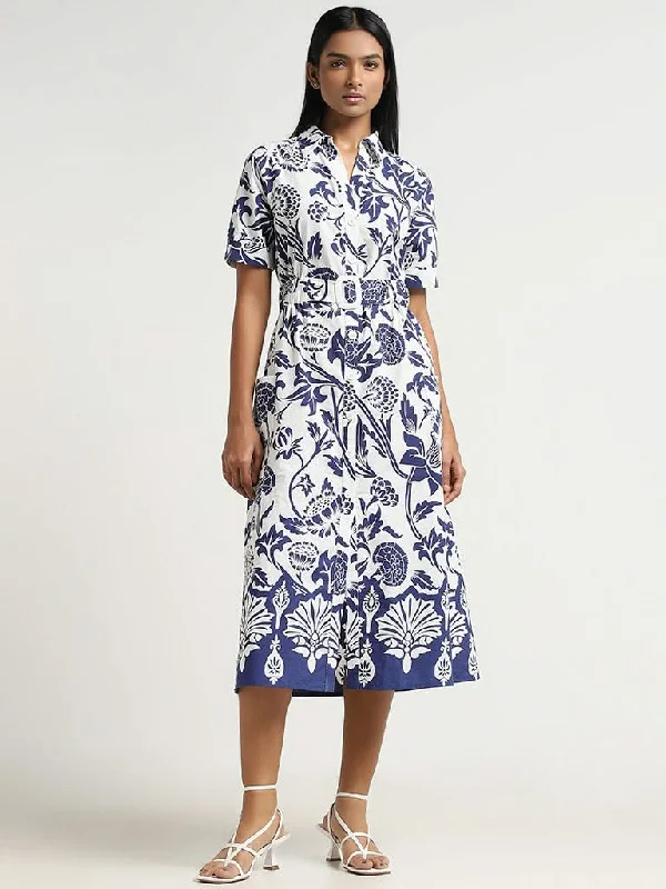 LOV Navy Printed Cotton Midi Dress with Belt