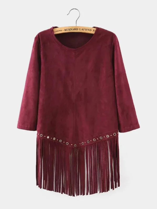 Custom Round Neck Tassel 3/4 Sleeve Tassel Hem Burgundy Top