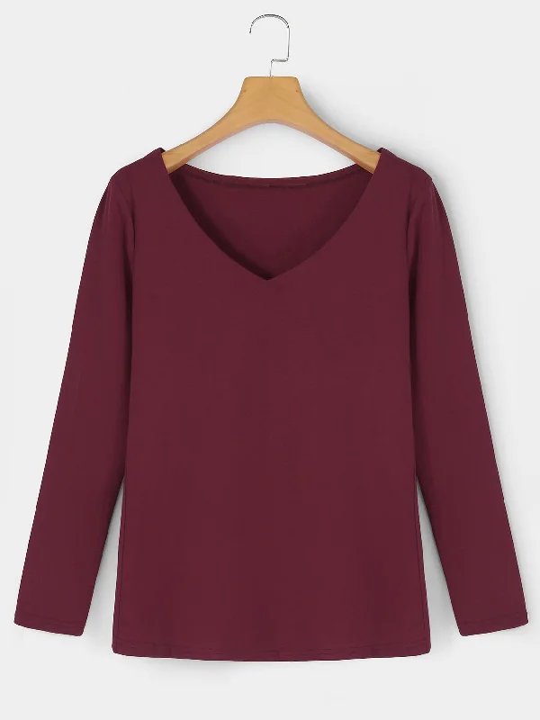 Custom V-Neck Long Sleeve Burgundy T-Shirts