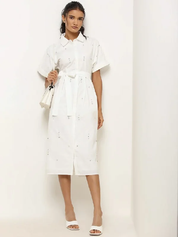 LOV White Rhinestone Embellished Cotton Shirt Dress with Belt