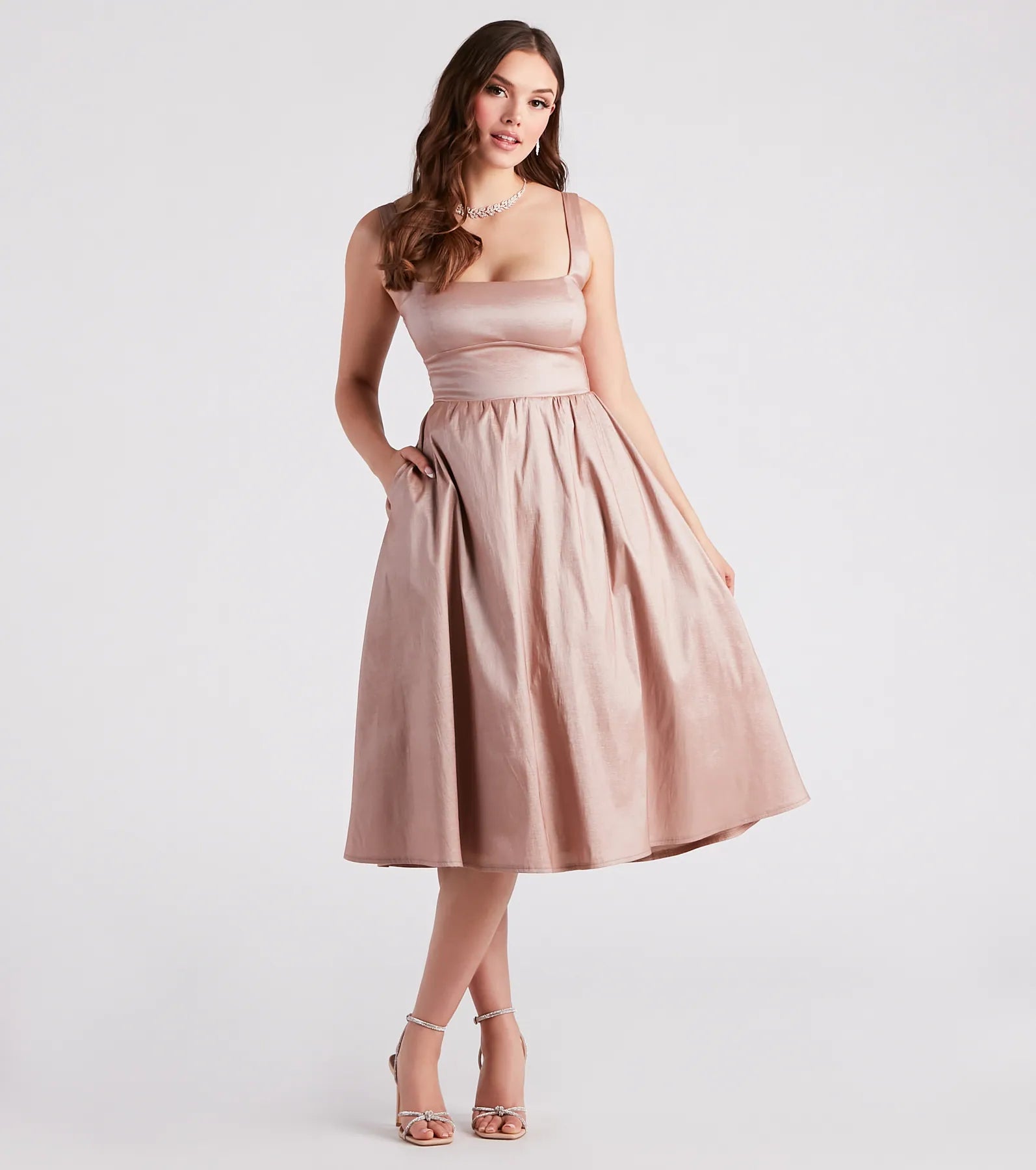 Melonie Formal Taffeta A-Line Midi Dress