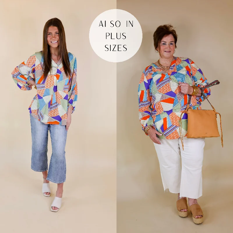 Eyes On Paradise Mix Patch Print Blouse with 3/4 Sleeves in Orange and Blue Mix