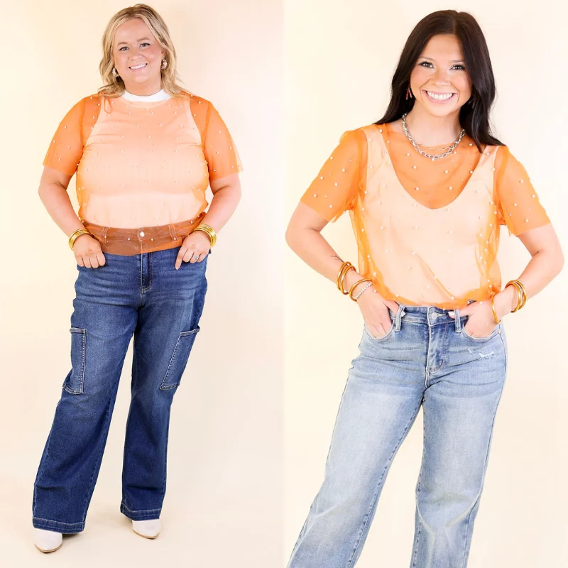 Shimmer in Style Mesh Short Sleeve Top with Pearls and Rhinestones in Orange