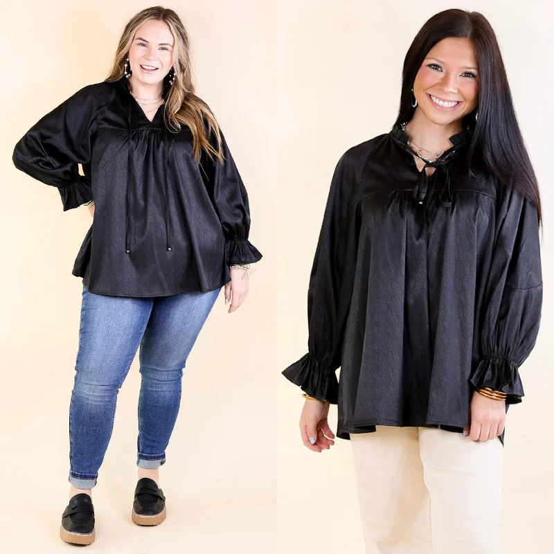 Sunset Situation Front Tie Keyhole Blouse in Black