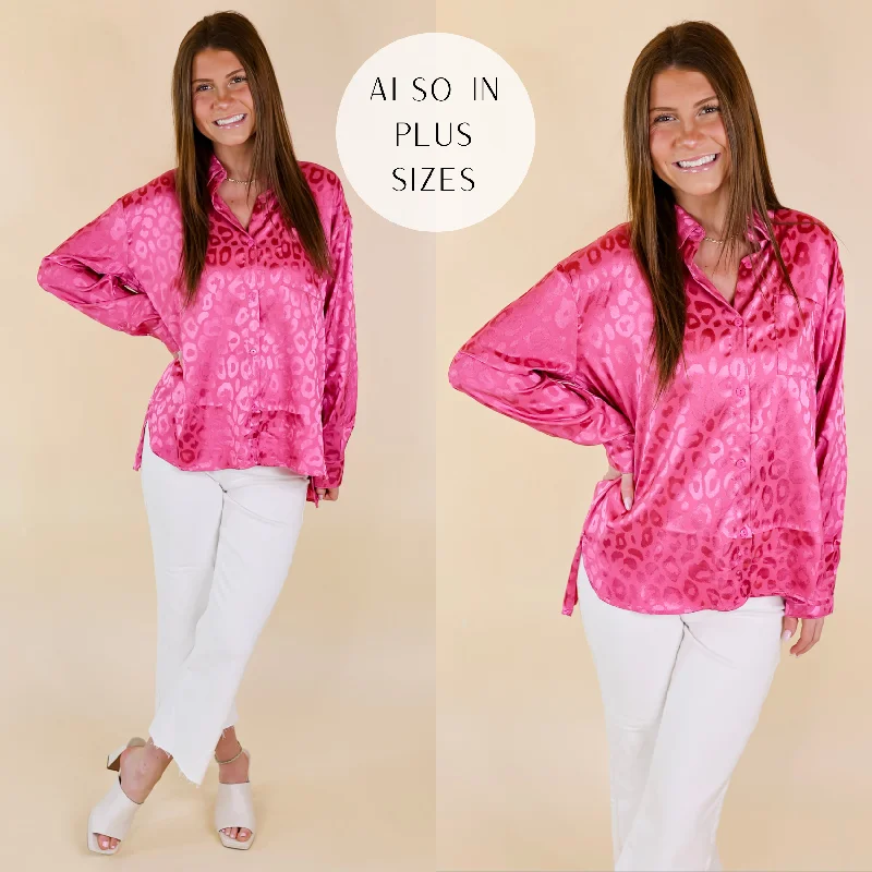 Top It Off Long Sleeve Button Up Satin Leopard Top in Hot Pink