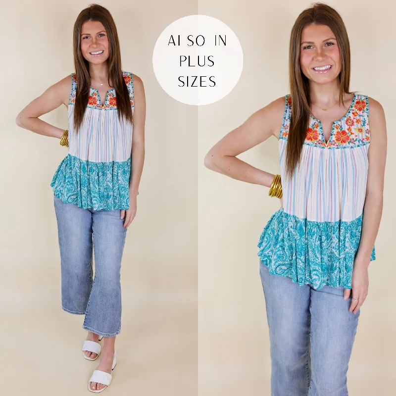 Coastal Caravan Print Block Tank Top with Floral Embroidery in Turquoise Mix