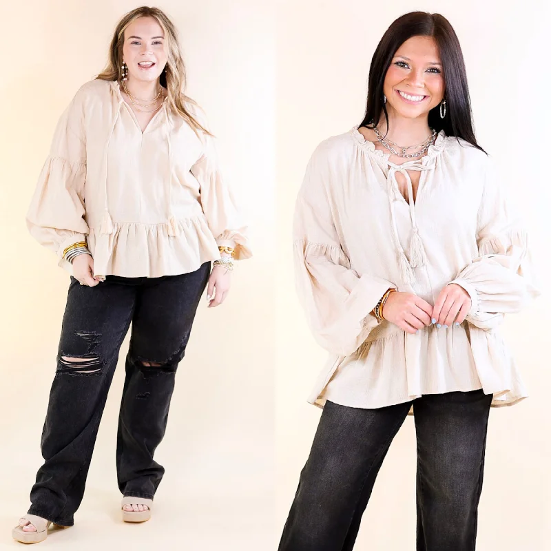 Free Fallin' Textured Long Sleeve Peplum Top with Keyhole Front in Beige