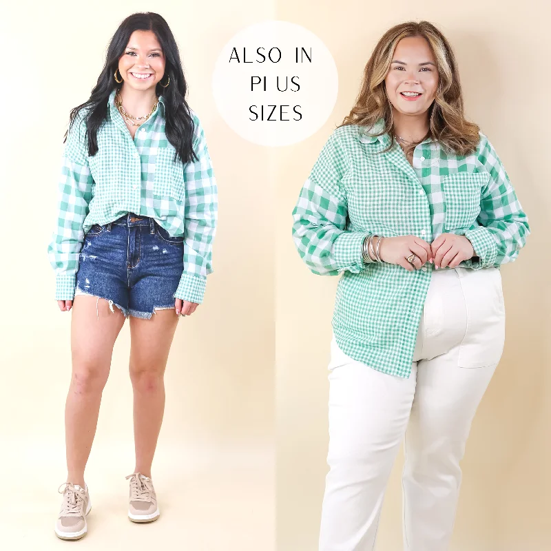 Waiting For You Mix Plaid Button Up Top in Green