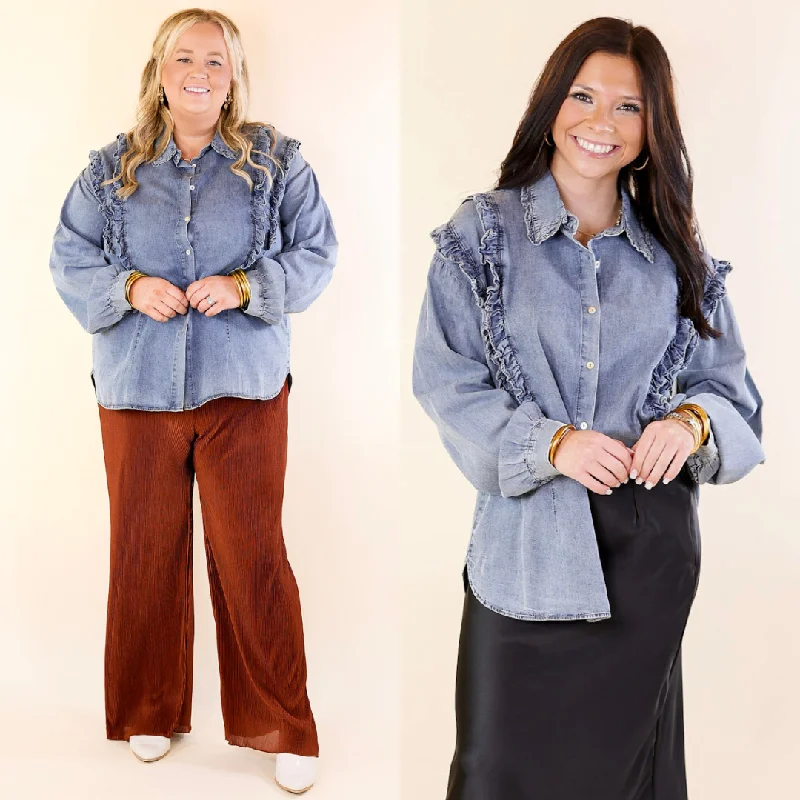 Attention To Detail Button Up Collared Denim Top with Ruffle Detail