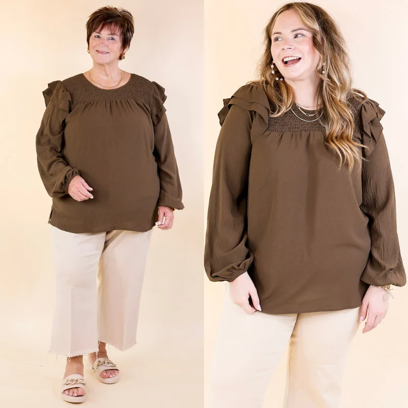 Balcony Nights Ruffle Shoulder Long Sleeve Blouse in Olive Brown