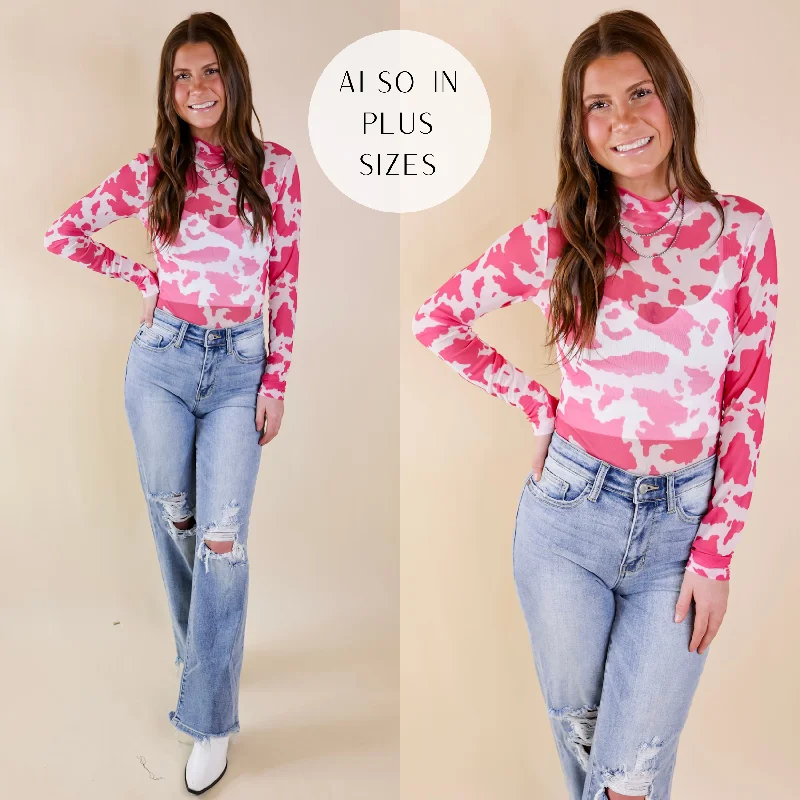 Try Your Luck Cow Print Mesh Long Sleeve Bodysuit in Pink