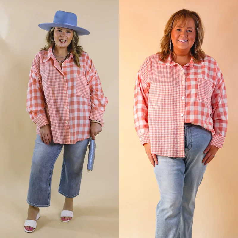 Waiting For You Mix Plaid Button Up Top in Coral Orange